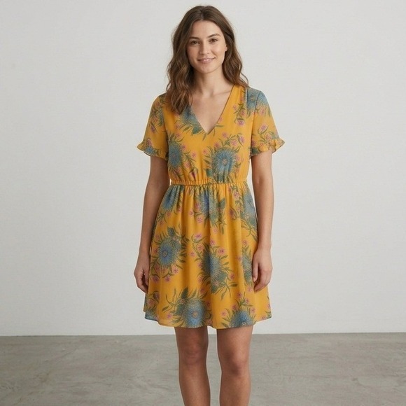 Madewell Dresses & Skirts - Madewell Dress Womens 6 Yellow Floral V-Neck Flutter Sleeve Elastic Waist Mini